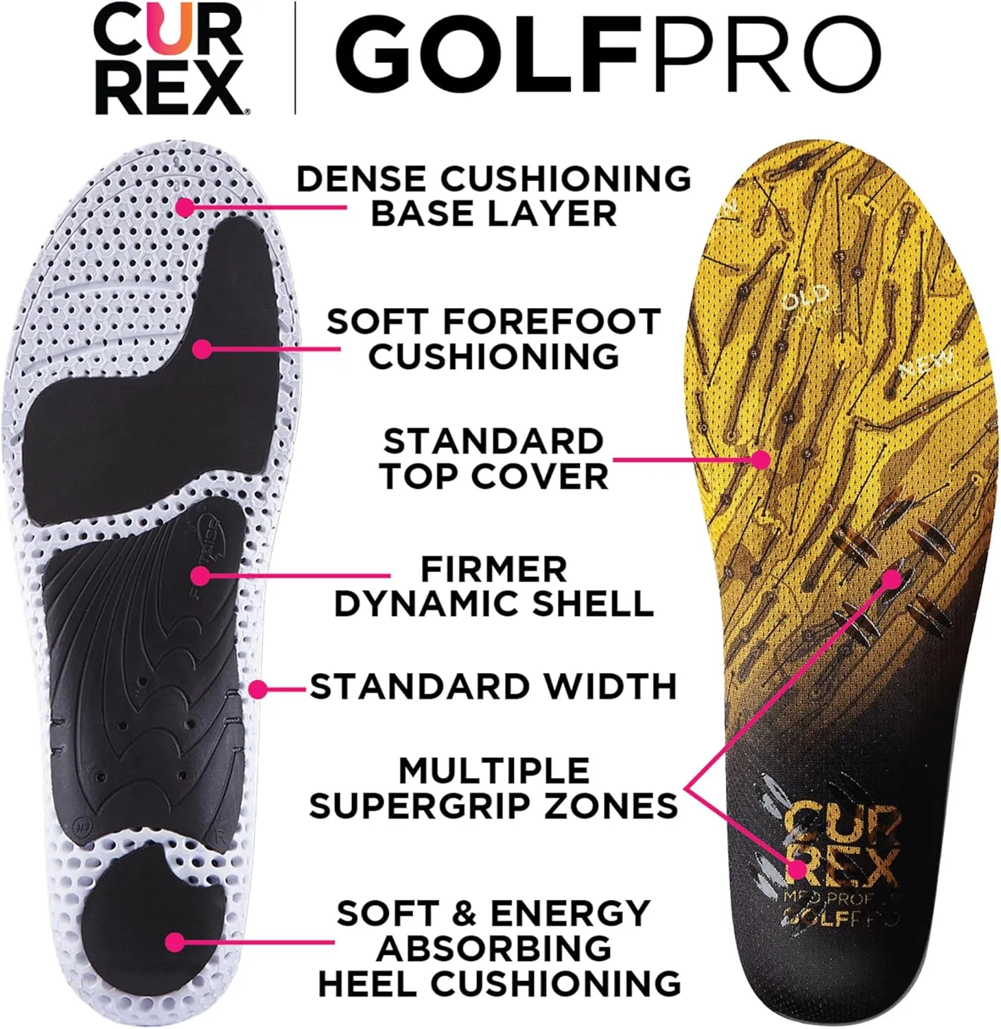 CURREX GolfPro Insoles for Golf Shoes  Arch Support Inserts to Improve Balance, Stability, Comfort & Performance, Help with Foot & Heel Pain Relief  for Men & Women  Medium Arch, Large
