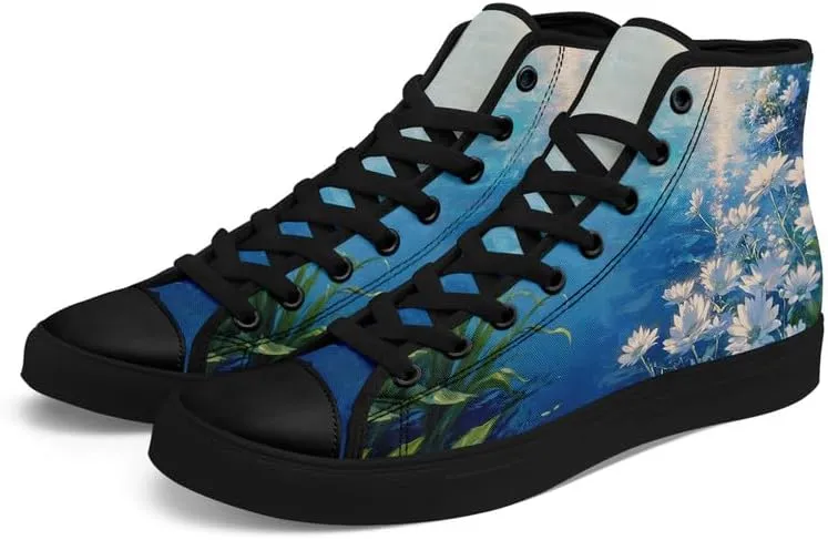 Flower Art High Top Canvas Sneakers Lace Up Classic Casual Walking Shoes Fashion Ladies Girls Flat Running Trainers