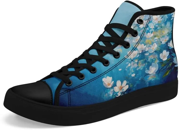 Flower Art High Top Canvas Sneakers Lace Up Classic Casual Walking Shoes Fashion Ladies Girls Flat Running Trainers