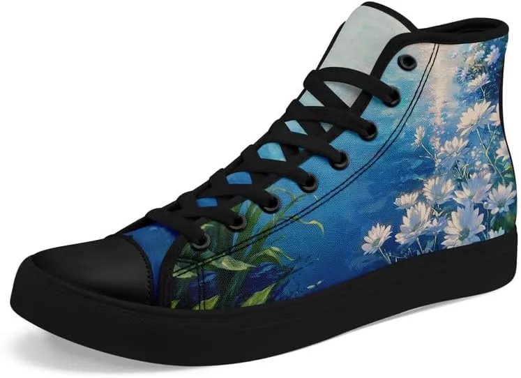 Flower Art High Top Canvas Sneakers Lace Up Classic Casual Walking Shoes Fashion Ladies Girls Flat Running Trainers