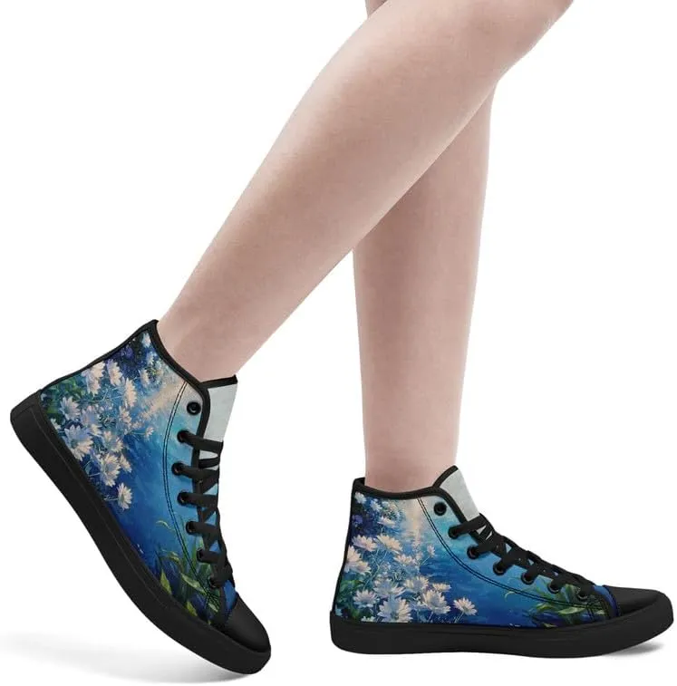 Flower Art High Top Canvas Sneakers Lace Up Classic Casual Walking Shoes Fashion Ladies Girls Flat Running Trainers