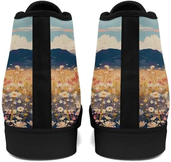 Flower Art High Top Canvas Sneakers Lace Up Classic Casual Walking Shoes Fashion Ladies Girls Flat Running Trainers
