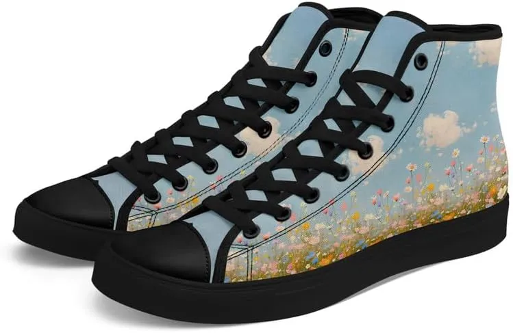Flower Art High Top Canvas Sneakers Lace Up Classic Casual Walking Shoes Fashion Ladies Girls Flat Running Trainers