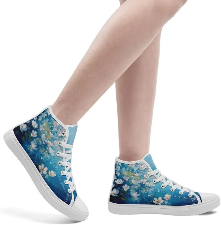 Flower Art High Top Canvas Sneakers Lace Up Classic Casual Walking Shoes Fashion Ladies Girls Flat Running Trainers