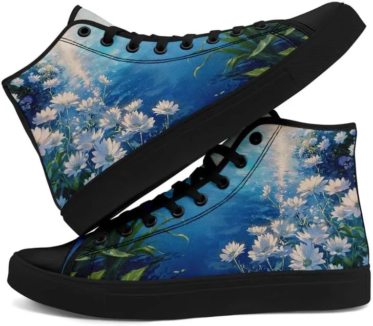 Flower Art High Top Canvas Sneakers Lace Up Classic Casual Walking Shoes Fashion Ladies Girls Flat Running Trainers