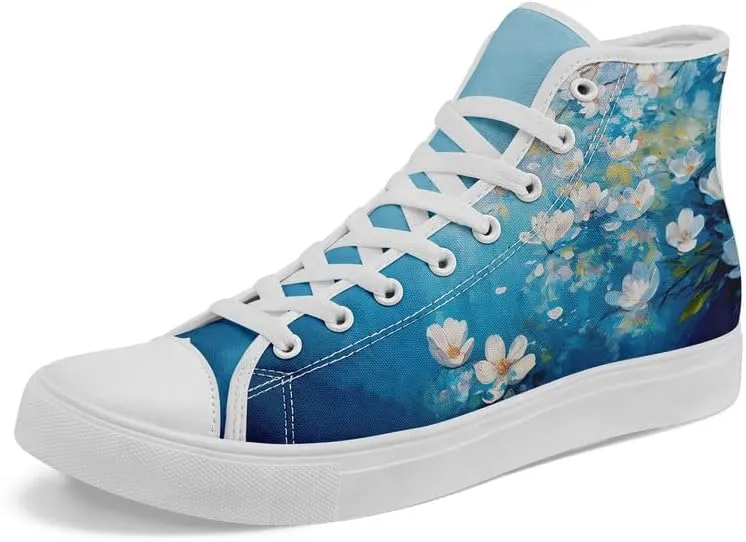 Flower Art High Top Canvas Sneakers Lace Up Classic Casual Walking Shoes Fashion Ladies Girls Flat Running Trainers