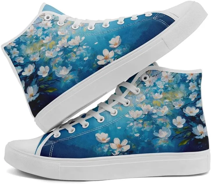 Flower Art High Top Canvas Sneakers Lace Up Classic Casual Walking Shoes Fashion Ladies Girls Flat Running Trainers