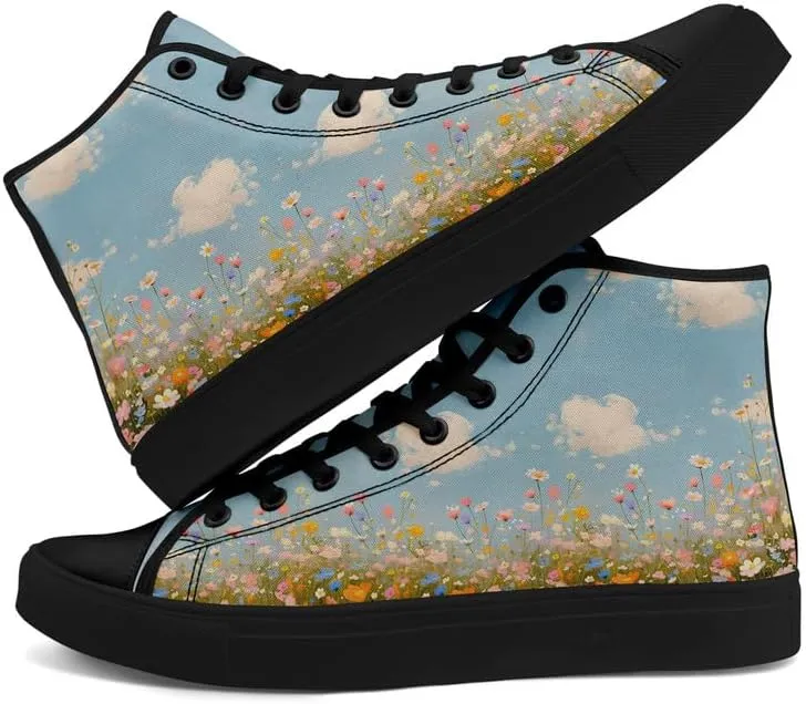 Flower Art High Top Canvas Sneakers Lace Up Classic Casual Walking Shoes Fashion Ladies Girls Flat Running Trainers