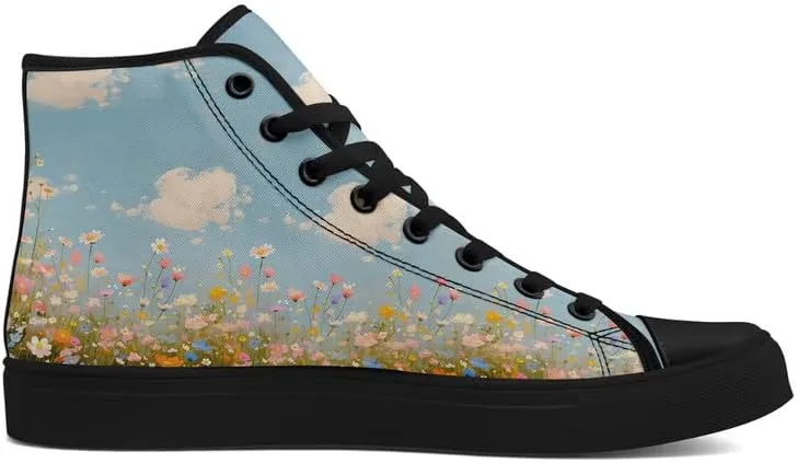 Flower Art High Top Canvas Sneakers Lace Up Classic Casual Walking Shoes Fashion Ladies Girls Flat Running Trainers