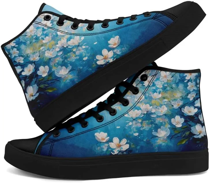 Flower Art High Top Canvas Sneakers Lace Up Classic Casual Walking Shoes Fashion Ladies Girls Flat Running Trainers