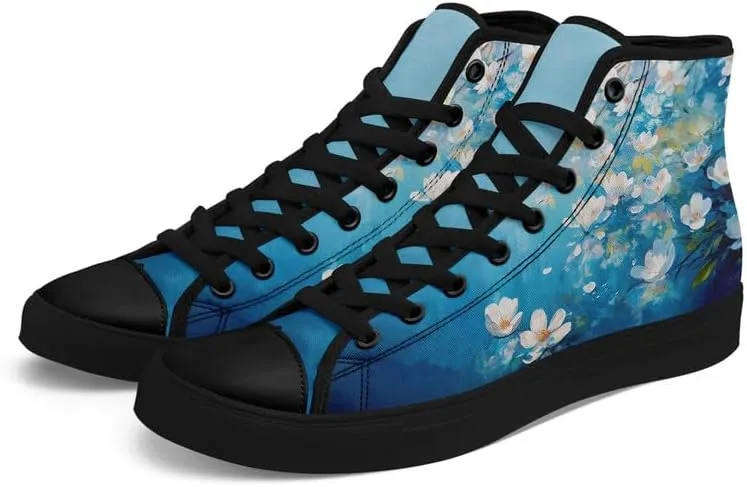 Flower Art High Top Canvas Sneakers Lace Up Classic Casual Walking Shoes Fashion Ladies Girls Flat Running Trainers