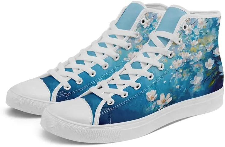 Flower Art High Top Canvas Sneakers Lace Up Classic Casual Walking Shoes Fashion Ladies Girls Flat Running Trainers