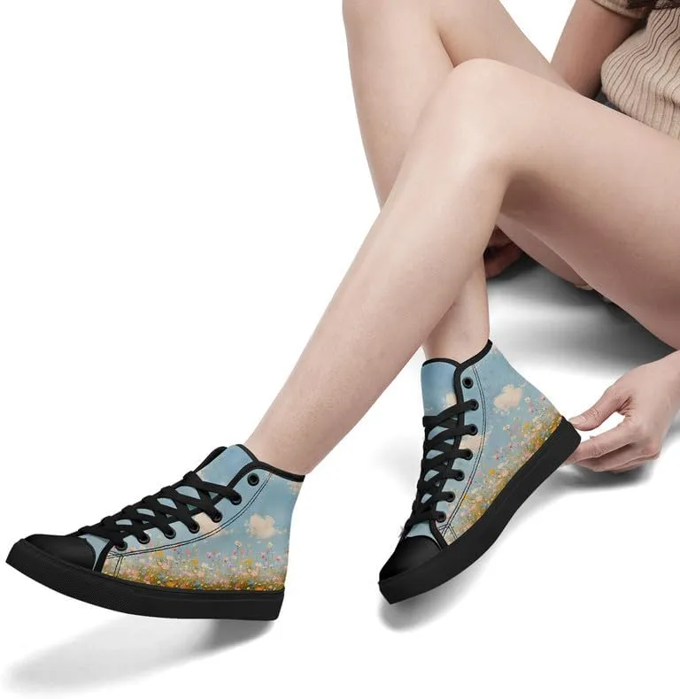 Flower Art High Top Canvas Sneakers Lace Up Classic Casual Walking Shoes Fashion Ladies Girls Flat Running Trainers
