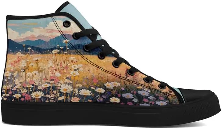 Flower Art High Top Canvas Sneakers Lace Up Classic Casual Walking Shoes Fashion Ladies Girls Flat Running Trainers