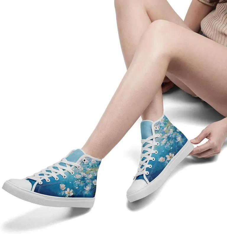 Flower Art High Top Canvas Sneakers Lace Up Classic Casual Walking Shoes Fashion Ladies Girls Flat Running Trainers