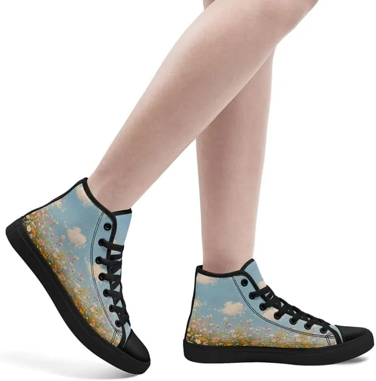 Flower Art High Top Canvas Sneakers Lace Up Classic Casual Walking Shoes Fashion Ladies Girls Flat Running Trainers