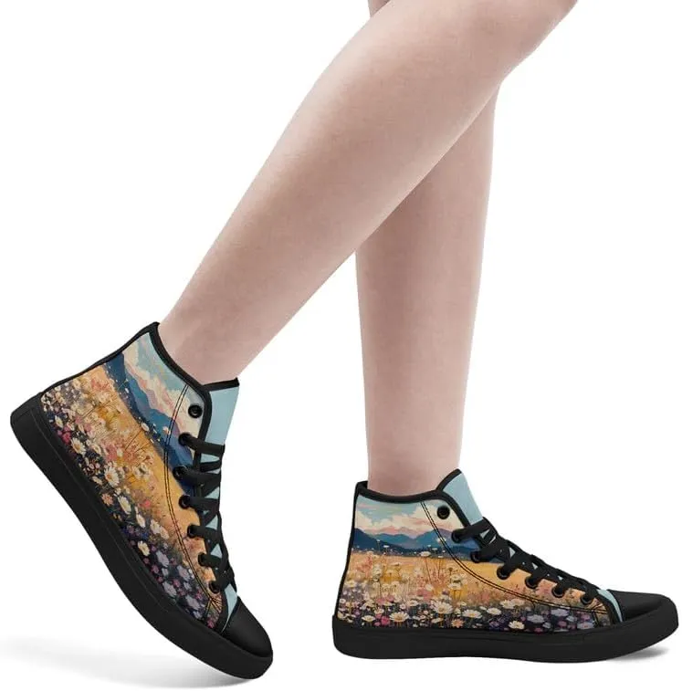 Flower Art High Top Canvas Sneakers Lace Up Classic Casual Walking Shoes Fashion Ladies Girls Flat Running Trainers
