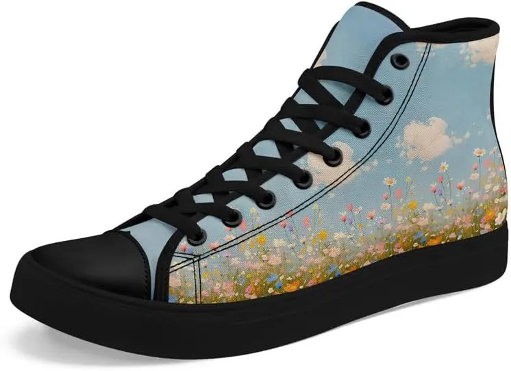 Flower Art High Top Canvas Sneakers Lace Up Classic Casual Walking Shoes Fashion Ladies Girls Flat Running Trainers