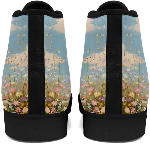 Flower Art High Top Canvas Sneakers Lace Up Classic Casual Walking Shoes Fashion Ladies Girls Flat Running Trainers
