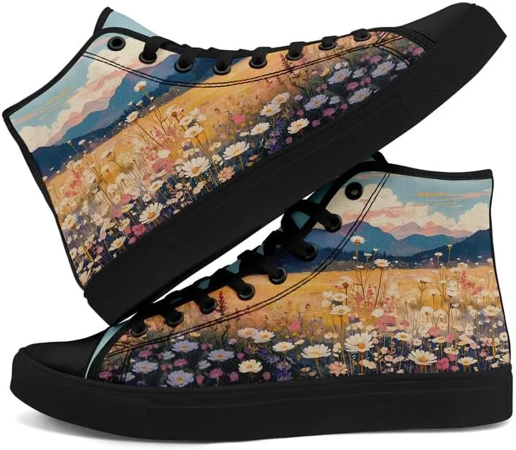 Flower Art High Top Canvas Sneakers Lace Up Classic Casual Walking Shoes Fashion Ladies Girls Flat Running Trainers