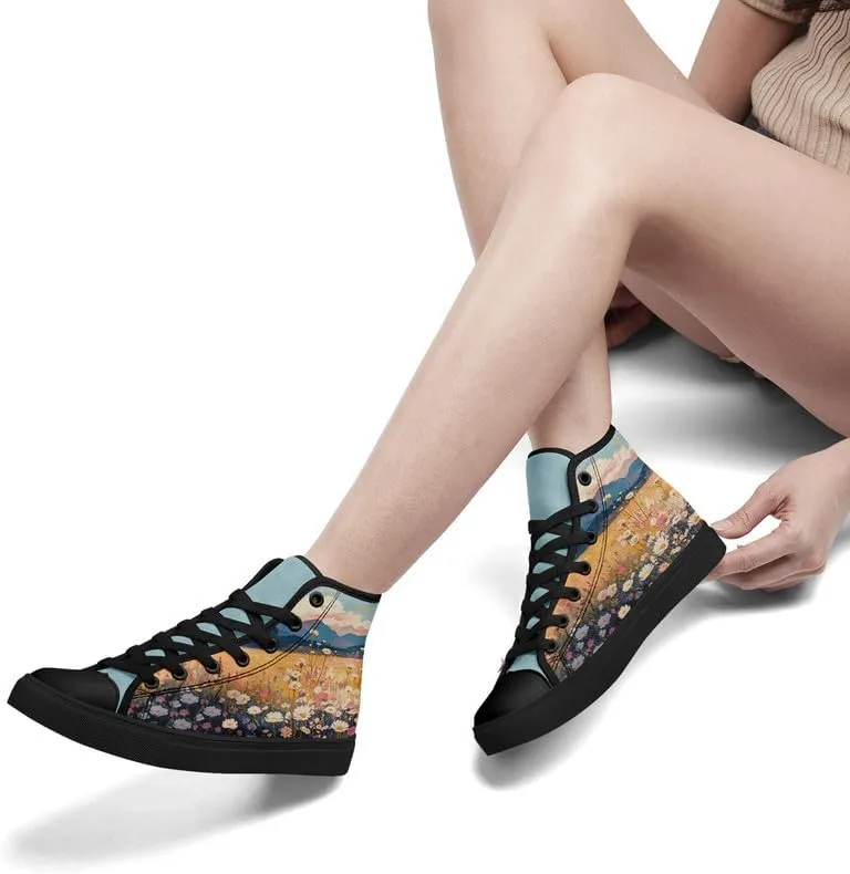 Flower Art High Top Canvas Sneakers Lace Up Classic Casual Walking Shoes Fashion Ladies Girls Flat Running Trainers