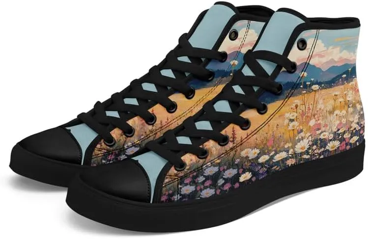 Flower Art High Top Canvas Sneakers Lace Up Classic Casual Walking Shoes Fashion Ladies Girls Flat Running Trainers
