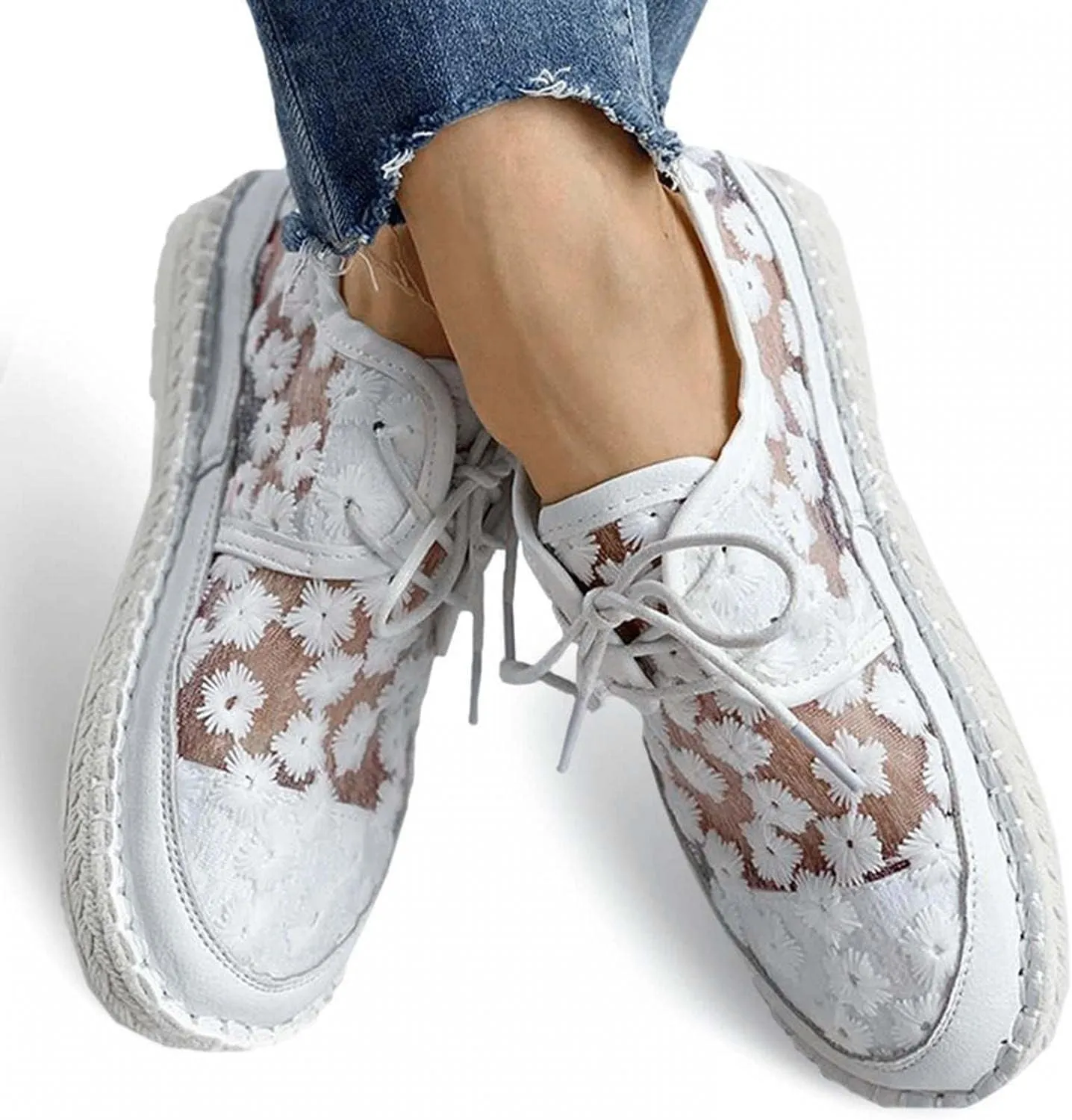 Hbeylia Platform Espadrilles Fashion Sneakers For Women Girls Flower Embroidered Lace Breathable Lace Up Low Top Play Sneakers Canvas Shoes Casual Leather Slip On Walking Shoes Loafers
