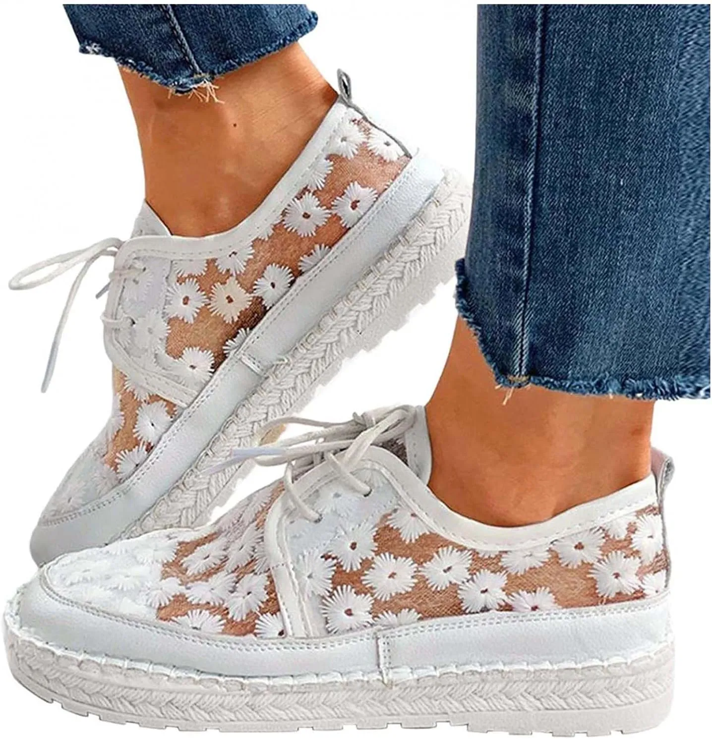 Hbeylia Platform Espadrilles Fashion Sneakers For Women Girls Flower Embroidered Lace Breathable Lace Up Low Top Play Sneakers Canvas Shoes Casual Leather Slip On Walking Shoes Loafers