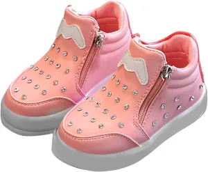 Kids Girls High Top Light Up Ankle Boots Toddler iamond mbellished Anti-Slip Sole Cute Zipper Shoes for Child
