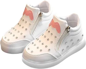 Kids Girls High Top Light Up Ankle Boots Toddler iamond mbellished Anti-Slip Sole Cute Zipper Shoes for Child