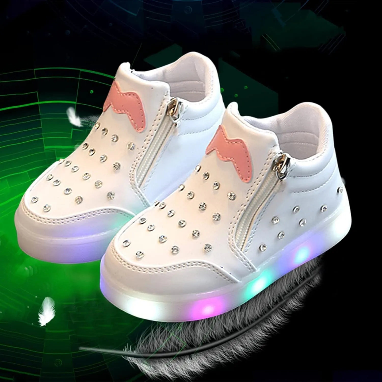 Kids Girls High Top Light Up Ankle Boots Toddler iamond mbellished Anti-Slip Sole Cute Zipper Shoes for Child