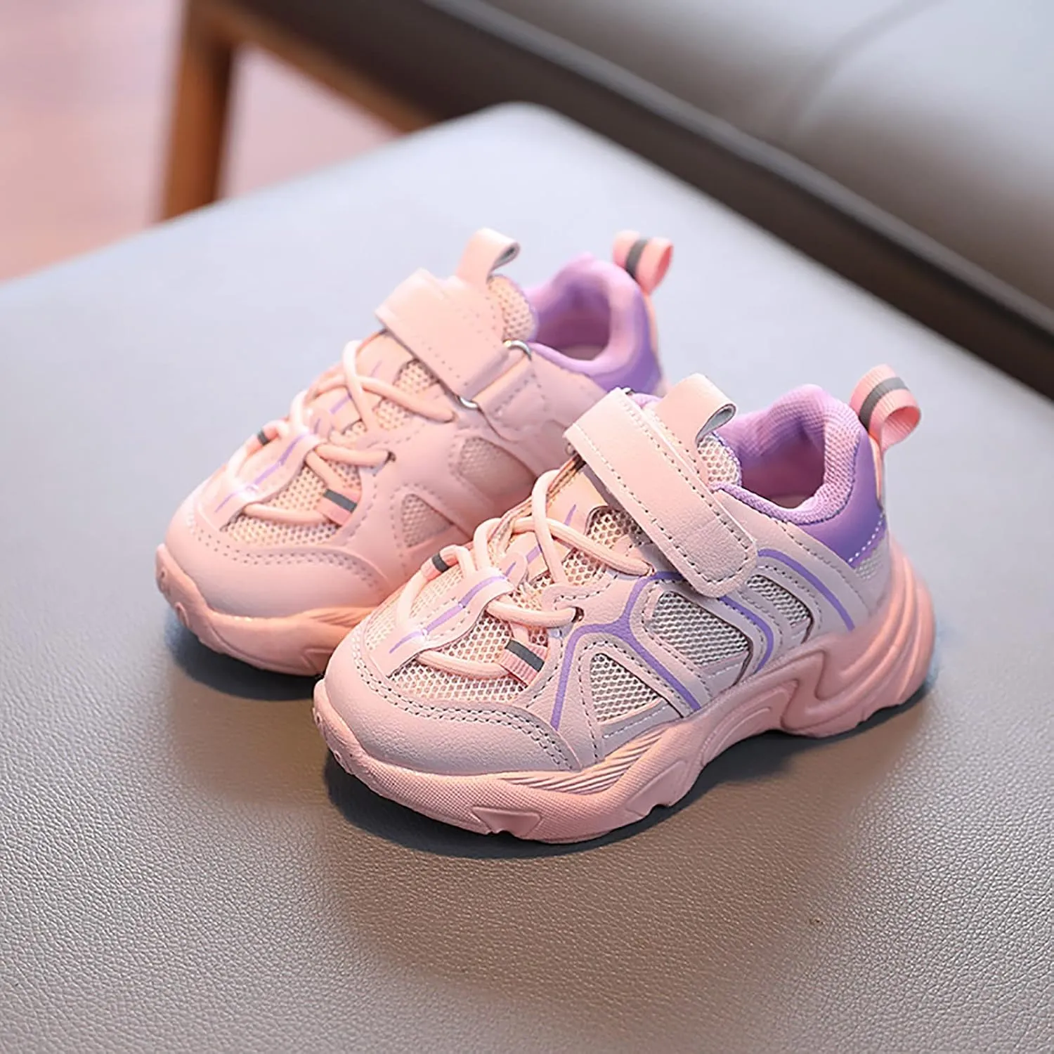 Kids Sneaker with Adjustable Strap, Comfort Support School Running Sport Shoes for Boys Girls Mesh Breathable
