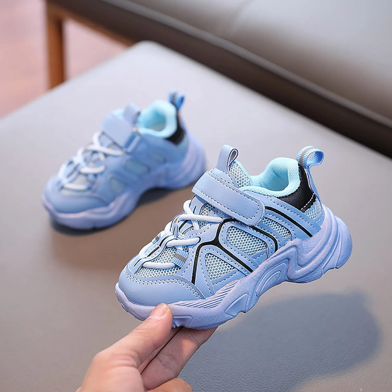 Kids Sneaker with Adjustable Strap, Comfort Support School Running Sport Shoes for Boys Girls Mesh Breathable