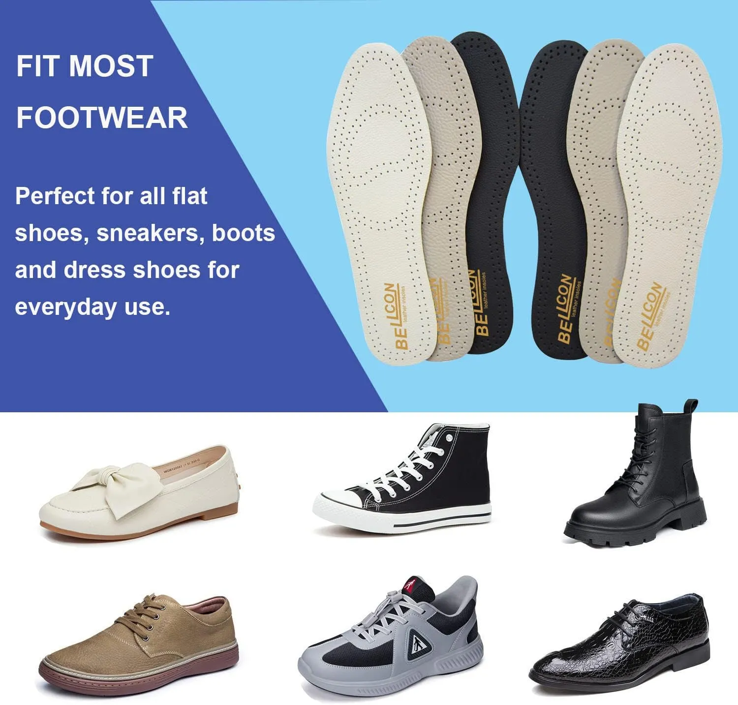 Leather Insoles for Men Black Leather Inserts for Men Boots Nonslip Shoe Pads for Flats Comfort Thick Cushioning Shoe Liners for Odor Eater and Sweat Absorbing(3 Pairs/Mens US 12-12.5)
