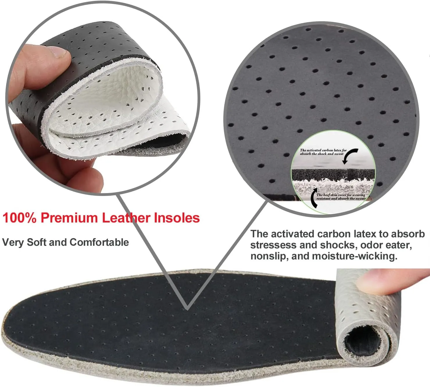 Leather Insoles for Men Black Leather Inserts for Men Boots Nonslip Shoe Pads for Flats Comfort Thick Cushioning Shoe Liners for Odor Eater and Sweat Absorbing(3 Pairs/Mens US 12-12.5)