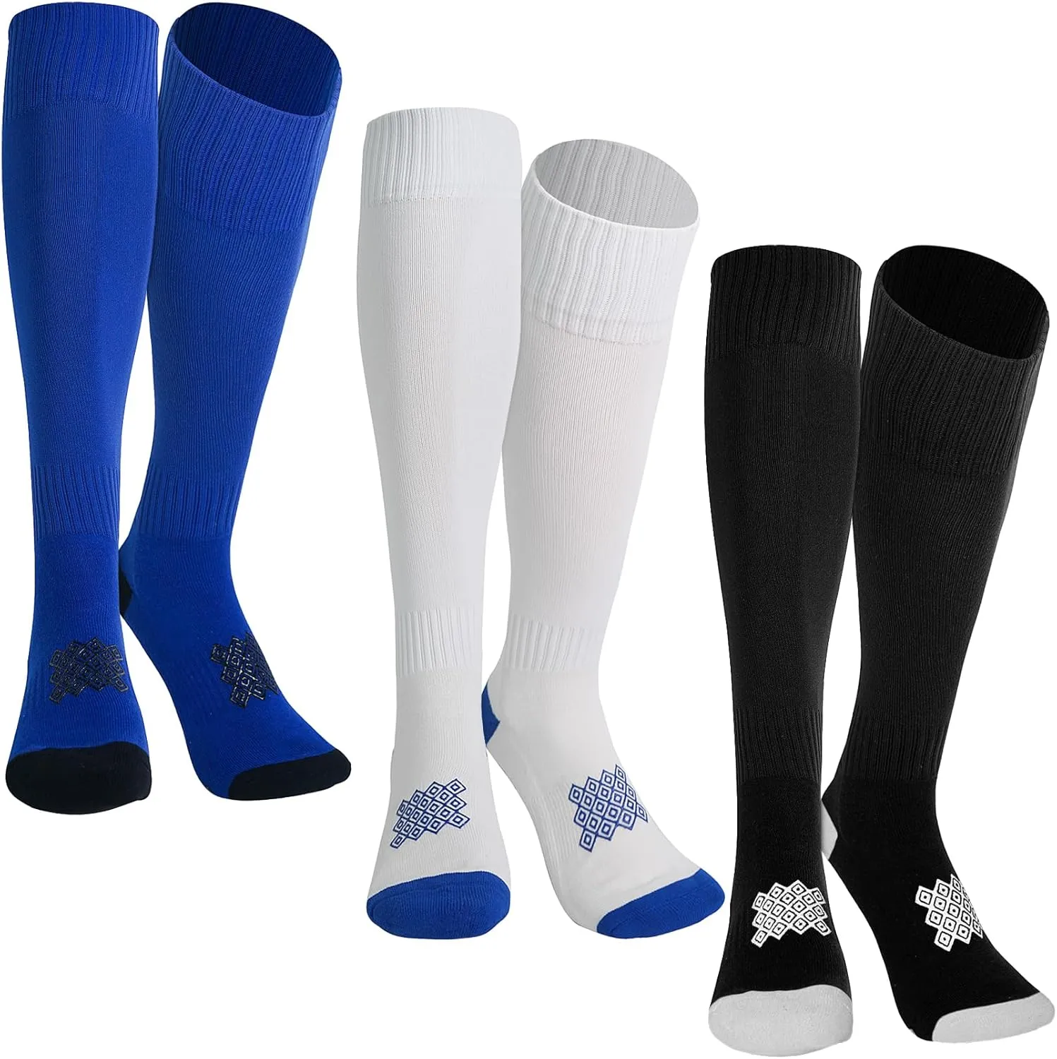 Luwint Non Slip Knee High Soccer Socks 3 Pairs Grip Sport Socks, Anti-Slip Athletic Socks for Soccer Football Running Volleyball (Blue/White/Black)