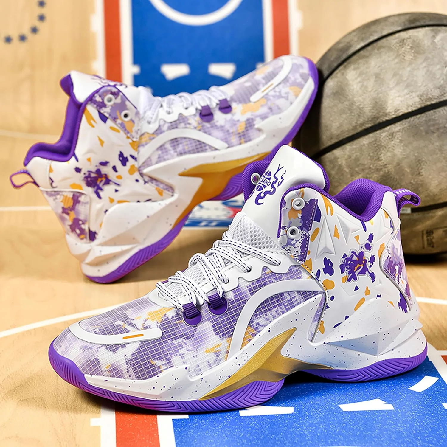 Men's Basketball Shoes Anti-Slip and Wear-Resistant Soles Running Shoes Graffiti Design Fashionable Sports Shoes