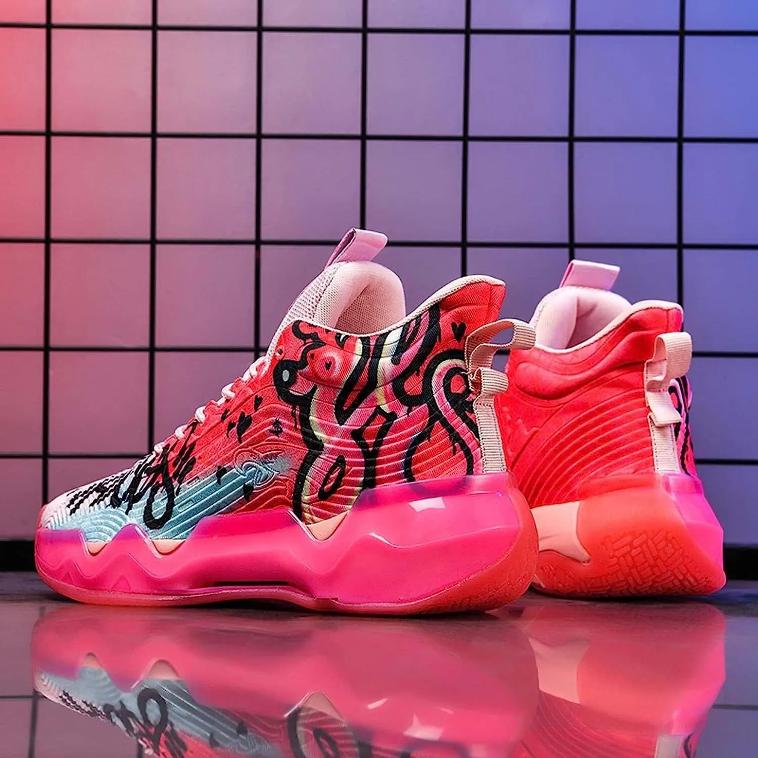 Men's Neutral Fluorescent Basketball Shoes Women's Shoes Super Light Sneakers high top Graffiti Style Combat Shoes