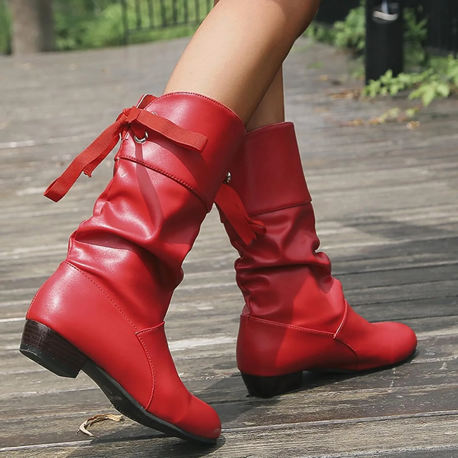 Mid Calf Boots for Women Low Heel,Casual Pull On Faux Leather Boots Fashion Lace Up Biker Boots Comfy Walking Shoes