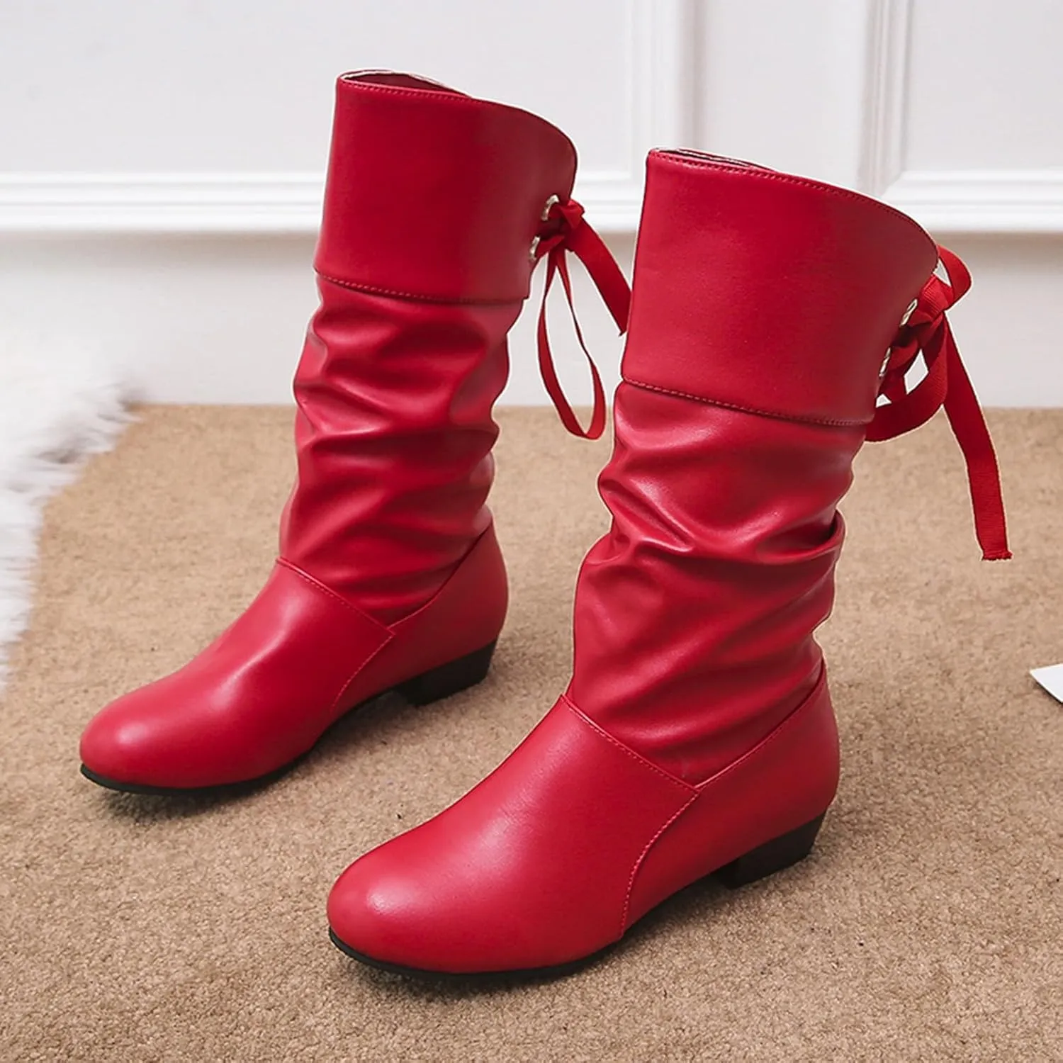 Mid Calf Boots for Women Low Heel,Casual Pull On Faux Leather Boots Fashion Lace Up Biker Boots Comfy Walking Shoes