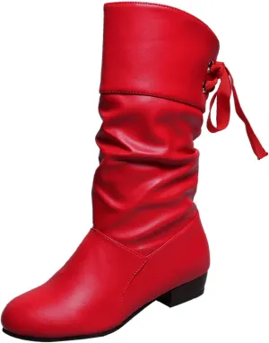 Mid Calf Boots for Women Low Heel,Casual Pull On Faux Leather Boots Fashion Lace Up Biker Boots Comfy Walking Shoes