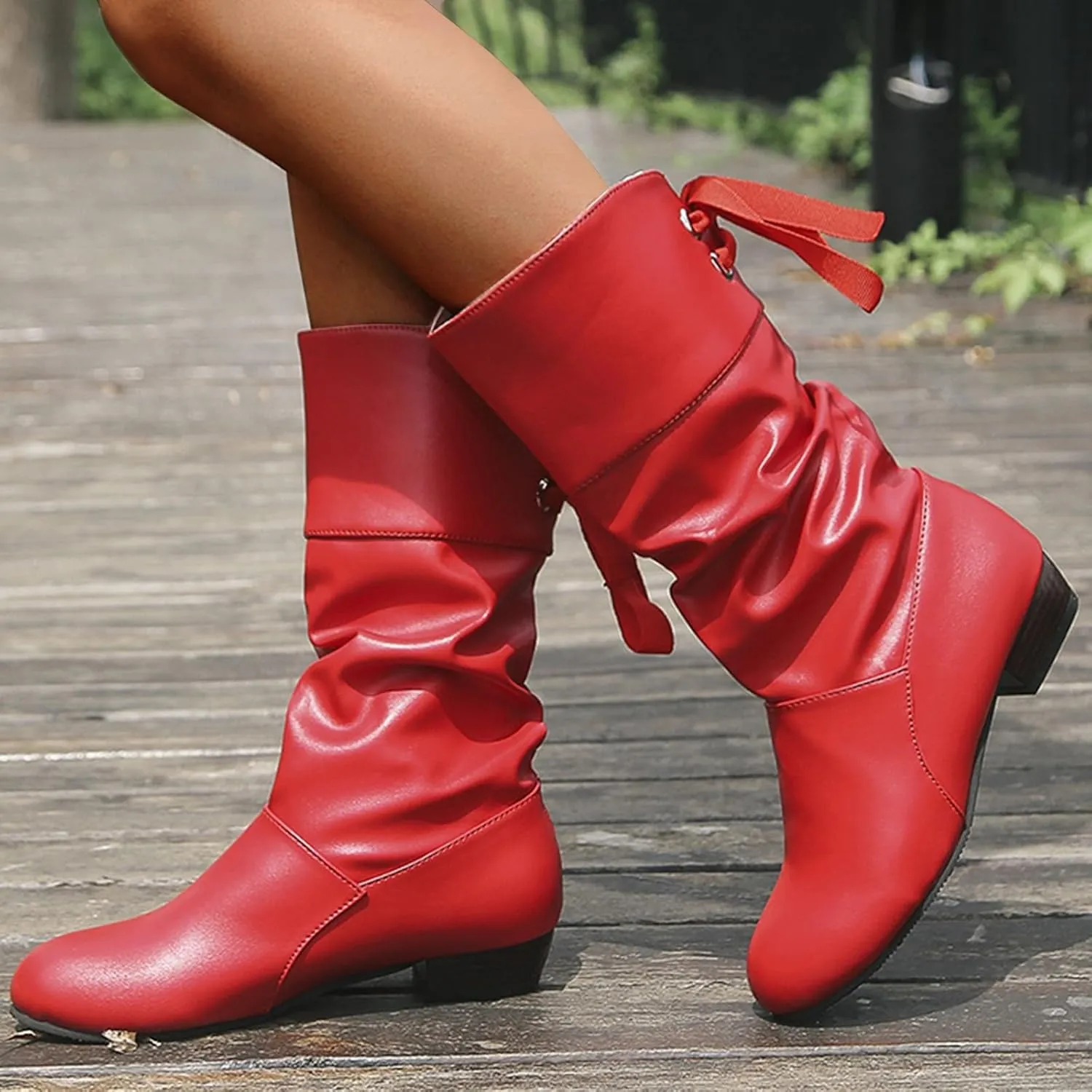 Mid Calf Boots for Women Low Heel,Casual Pull On Faux Leather Boots Fashion Lace Up Biker Boots Comfy Walking Shoes