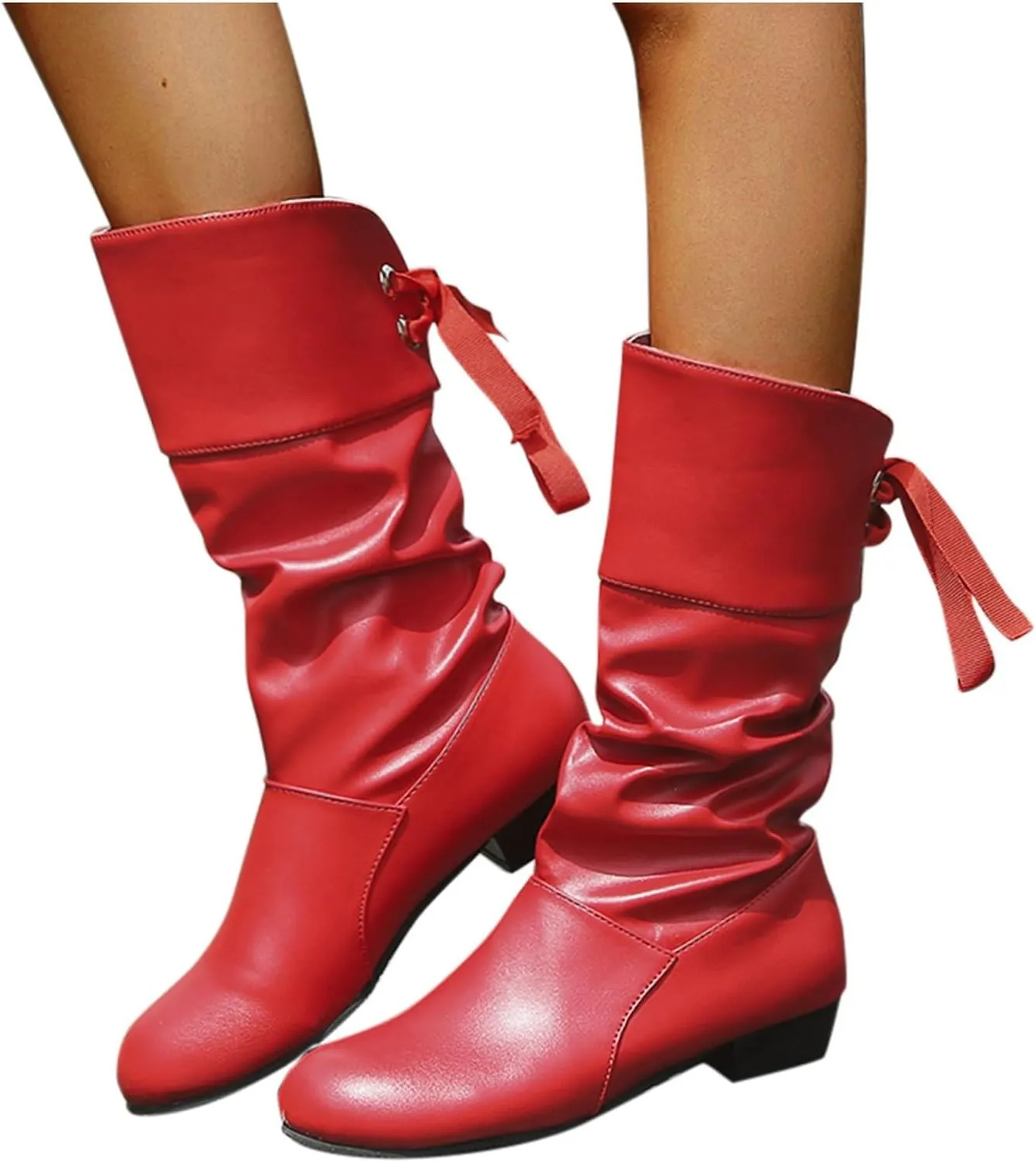 Mid Calf Boots for Women Low Heel,Casual Pull On Faux Leather Boots Fashion Lace Up Biker Boots Comfy Walking Shoes