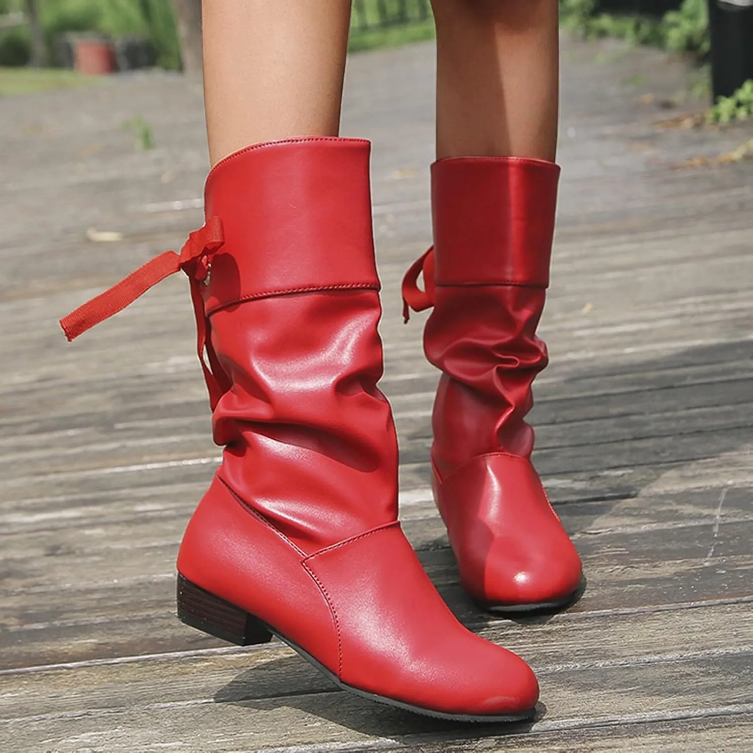 Mid Calf Boots for Women Low Heel,Casual Pull On Faux Leather Boots Fashion Lace Up Biker Boots Comfy Walking Shoes