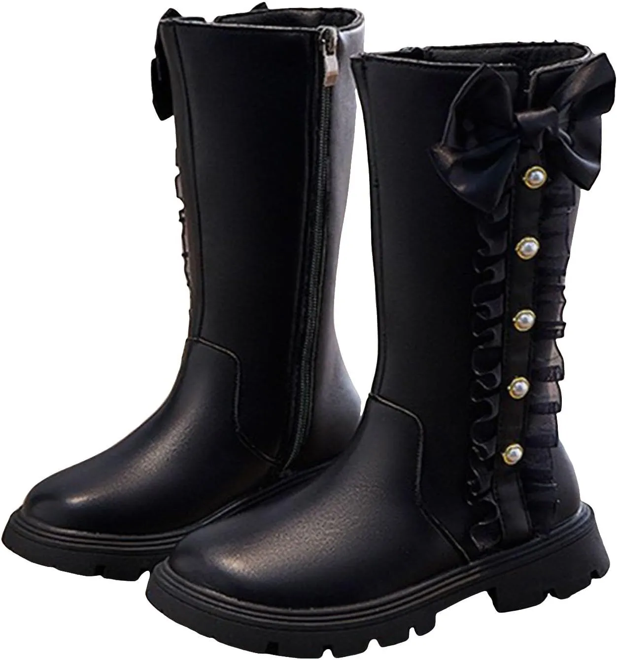 Mid Calf Girls Kids Boots Side Zipper Combat Boots Faux Leather Motorcycle Boots Breathable Low Heel Winter Shoes