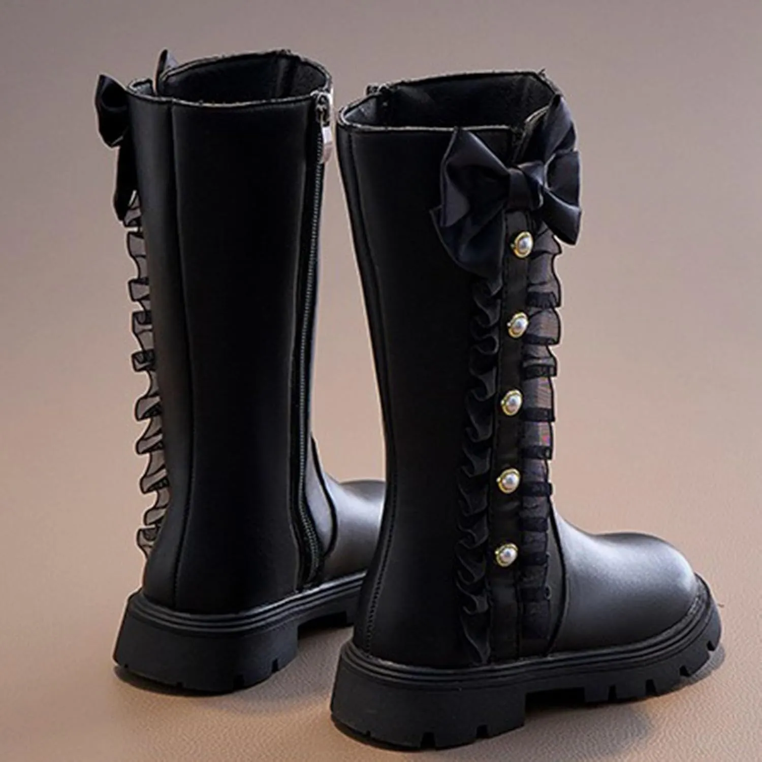 Mid Calf Girls Kids Boots Side Zipper Combat Boots Faux Leather Motorcycle Boots Breathable Low Heel Winter Shoes