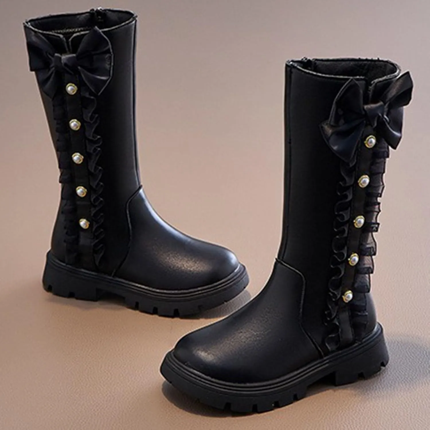 Mid Calf Girls Kids Boots Side Zipper Combat Boots Faux Leather Motorcycle Boots Breathable Low Heel Winter Shoes
