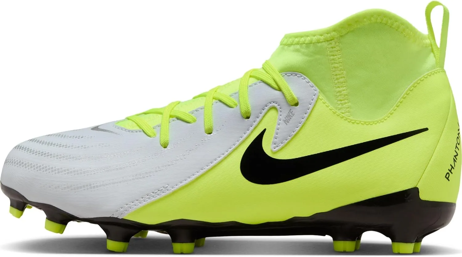 Nike Jr. Phantom Luna 2 Academy Little/Big Kids' MG Soccer Cleats (FJ2603-003, Metallic Silver/Volt/Black) Size 6