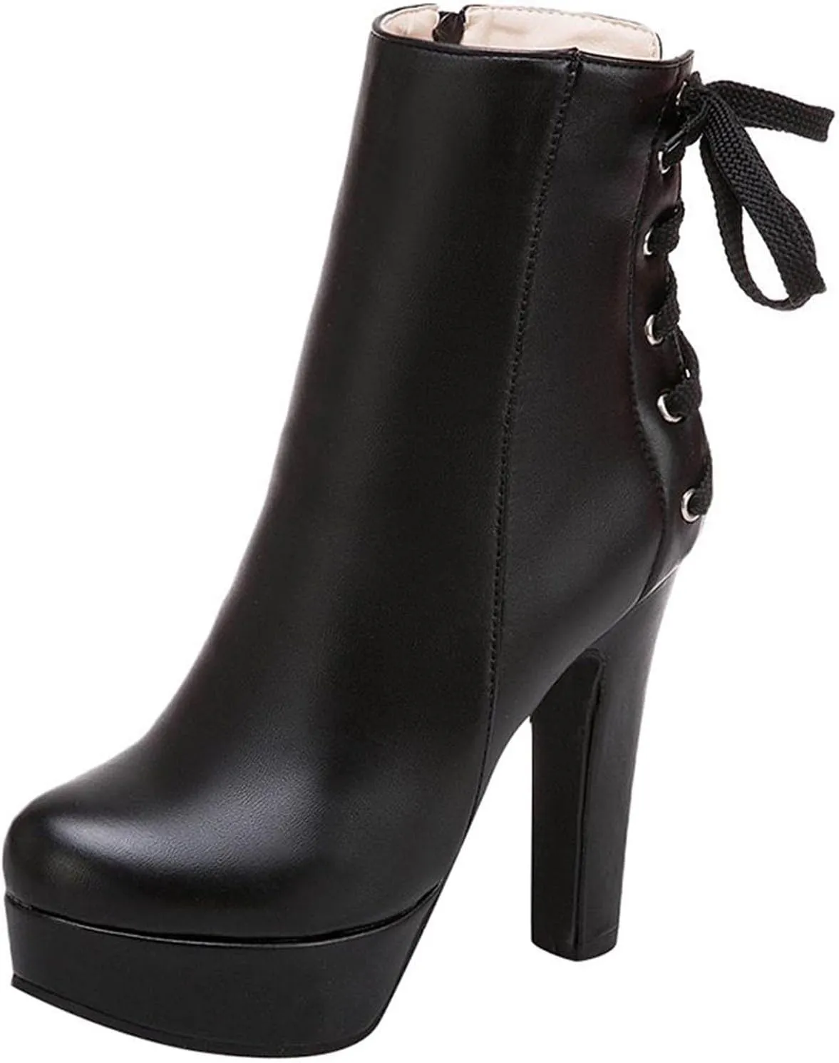 oiangi Chunky High Heel Boots for Women Fashion Casual Round Toe Closed Toe Lace Up Zipper Platform Ankle Boots Solid Color Leather Ladies Heeled Shoes