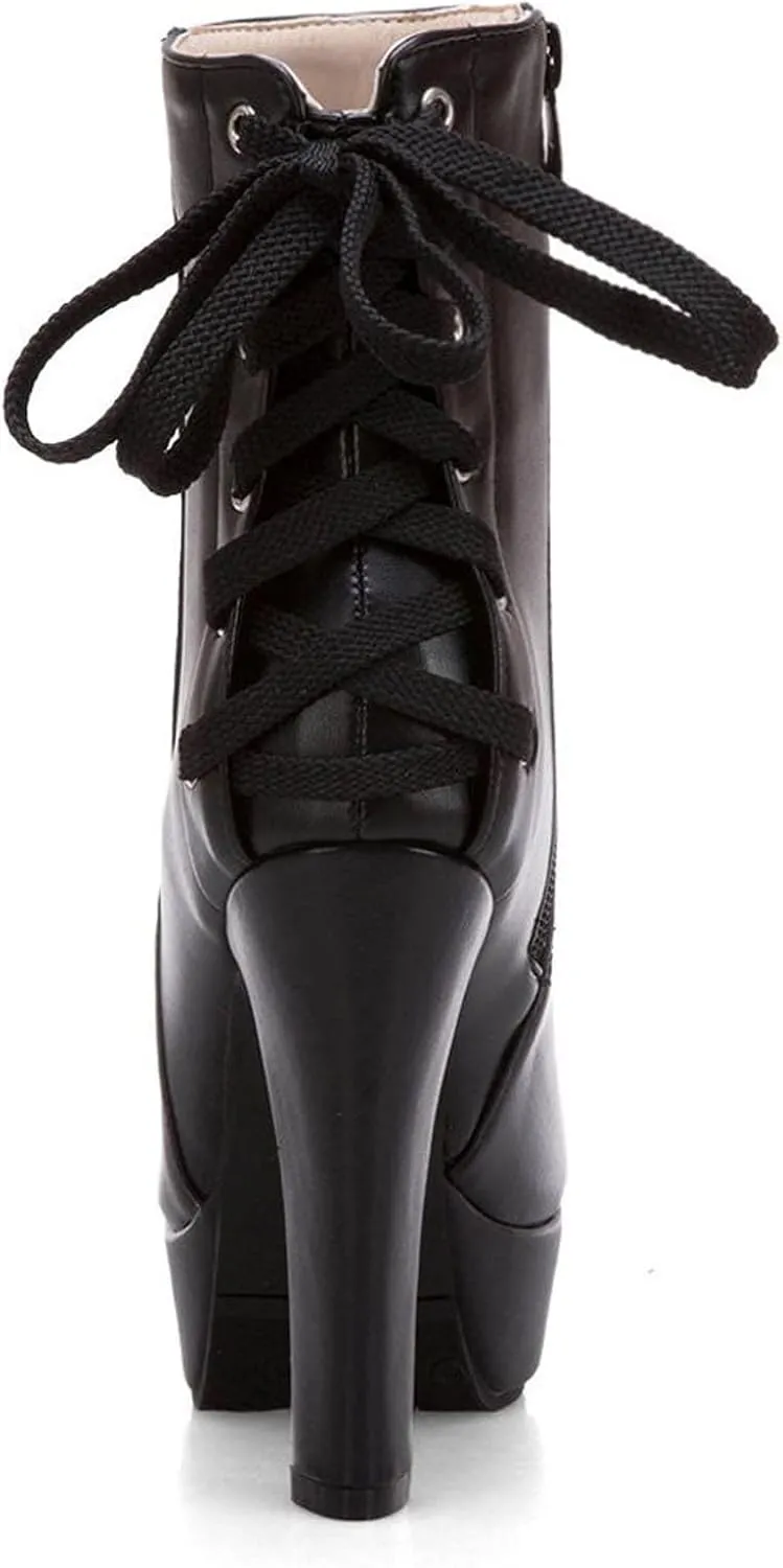 oiangi Chunky High Heel Boots for Women Fashion Casual Round Toe Closed Toe Lace Up Zipper Platform Ankle Boots Solid Color Leather Ladies Heeled Shoes